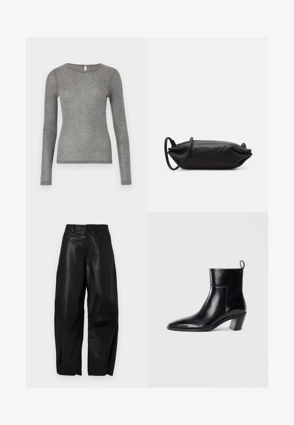 Samsøe Samsøe DOU - Langærmet T-shirt - grey; Sorte læderbukser med en løs pasform, der har en lige ben-design, forlommer og synlige syningsdetaljer.; Sort læder ankelstøvle med spids tå, geometrisk stablet hæl og en løftestrop bagpå. Glat tekstur og slankt design.; Sort læder clutch taske med rektangulær form, glat tekstur, tynd skulderrem og minimalistisk design.