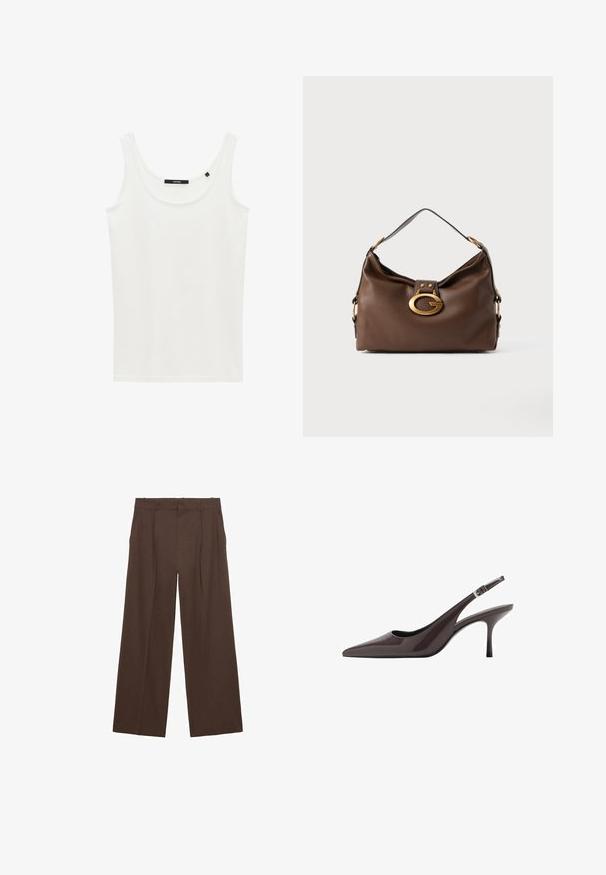 Witte, mouwloze tanktop van zachte katoen. Heeft een ronde halslijn en een rechte zoom. Etiket gestikt in het nekgebied.; Bruine wijde broek gemaakt van een gladde stof, met een hoge taille, voorplooien en twee zijzakken.; Puntige slingback hakken in donkerbruin lakleer, met een slanke hoge hak en een verstelbare enkelband met een gesp.; Bruine leren handtas met een textuurafwerking, voorzien van een gouden sluiting en een enkele, gebogen schouderriem.