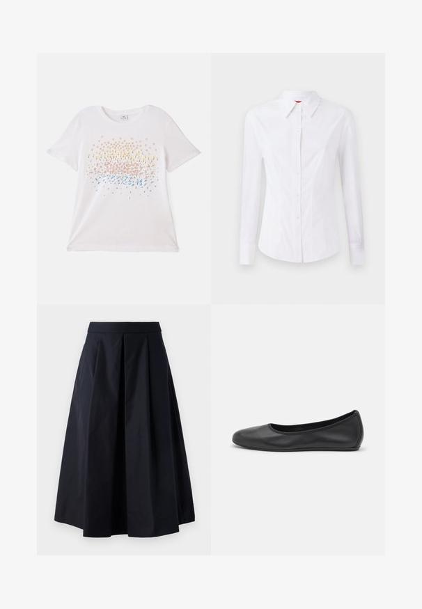 Camiseta blanca de manga corta con estampados florales coloridos en amarillo, rosa y azul. Material de algodón suave con un ajuste relajado.; Camisa blanca de manga larga con cuello puntiagudo, cierre frontal de botones y diseño ajustado. Tela de algodón suave con detalles de costura sutiles.; Falda negra en línea A, hecha de una tela suave, con pliegues y una cinturilla ancha. La falda cae justo por encima del tobillo.; Bailarina de piel negra con punta redondeada, textura suave, detalle de costura minimalista y diseño de suela flexible.