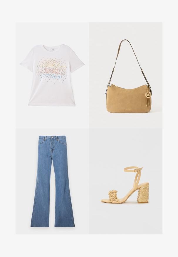 Balts, īsām piedurknēm T-krekls ar krāsainiem ziedu rakstiem dzeltenā, rozā un zilā krāsā. Mīksts kokvilnas materiāls ar brīvu piegriezumu.; Gaiši zils džinsu auduma flared bikses ar augstu jostu, piedāvā klasisku piecu kabatu dizainu un kontrastējošas šuves pie vīlēm.; Bēšas augstpapēžu sandaļi ar pītas faktūras dizainu, kas ietver dekoratīvu ziedu un potītes siksnu. Kvadrātveida papēdis nodrošina stabilitāti.; Bēšs zamšas pleca soma ar izliekta formu, zelta aksesuāriem un ar rāvējslēdzēju aizdari. Iespējamā piekārta piekariņš ar iniciāļiem "MK."