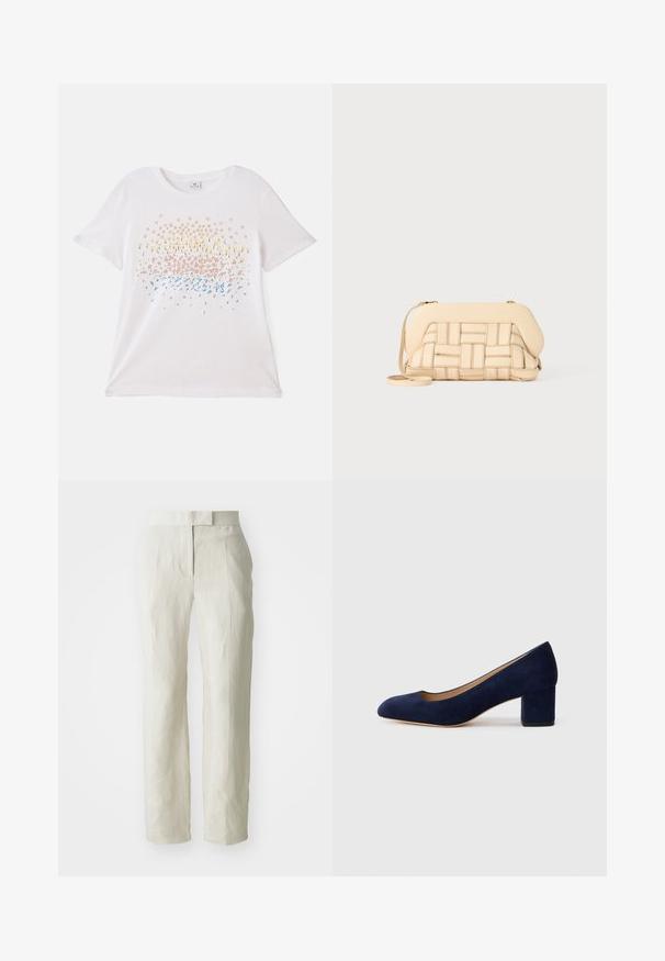 Hvid, kortærmet t-shirt med farverige blomsterprints i gul, pink og blå. Blødt bomuldsstof med en afslappet pasform.; Hvide linnedbukser med skræddersyet pasform, der har en flad front og lige ben. Glat tekstur med let folderdetalje.; Marinblå ruskinds pumps med spids tå og en mellemstor blokhæl. Glat tekstur med en subtil glans og et lille udskæringer foran.; Vævet beige håndtaske med et struktureret design, der har en glat top og en lang rem. Teksturdetaljer forbedrer det samlede udseende.