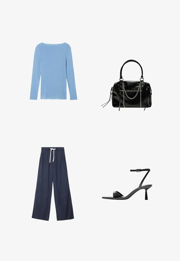 Intimissimi U-BOOT-AUSSCHNITT - Top s dlouhým rukávem - hellblau dreamy blue; Námořnické modré kalhoty s širokými nohavicemi vyrobené z měkké, texturované látky. Mají elastický pás s tkaničkami a boční kapsy.; Bershka Sandály na vysokém podpatku - black; Bershka WITH CHAIN - Kabelka - black