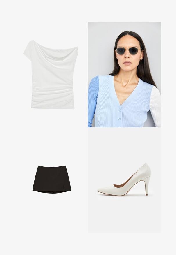 Valkoinen olkaimeton paita, joka on valmistettu pehmeästä kankaasta. Tässä paidassa on drapeerattu kaula-aukko ja rypytetty sivuyksityiskohta, sekä teksturoitu pitsikoriste helmaresorissa.; Musta mini-hame suoran leikkauksen ja kevyen sivureiän kanssa. Valmistettu sileästä kankaasta, jossa on puhdas helma ja minimalistinen muotoilu.; Valkoinen lakaistettu korkeakorkoinen kenkä, jossa on terävä kärki ja sileä pinta, hennolla korolla ja matalalla leikkauksella avauksessa.; Pyöreät aurinkolasit, joissa on tummat linssit ja kultaiset kehykset. Mallilla on päällään vaaleansininen, ribatusta materiaalista valmistettu neuletakki, jossa on napit ja kontrastiväriset valkoiset hihat.; Michael Kors kääröbeige pinnoitettua kangasta, jossa on toistuva MK-logo -kuvio, kultaiset yksityiskohdat ja irrotettava ketjuhihna.; Kolme muovista hiusklipsiä pastelliväreissä: vaaleanpunainen, keltainen ja sininen, kukkalehden muotoisia, joissa on jousimekanismi ja kiiltävä pinta.