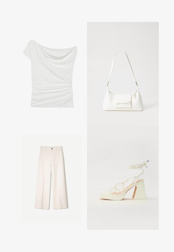 Bela off-shoulder majica iz mehkega blaga, z drapiranim dekoltejem in nagubanim stranskim detajlom, z teksturirano čipkastim poudarkom na robu.; Kremne široke hlače s krojem, ki vključujejo dve sprednji žepi in en sprednji gumb za zapiranje, izdelane iz gladkega blaga.; Bela sandala na visokih petah s debelim petam, ki ima obliko trakcev in vezanje okoli gležnja. Gladka tekstura z platformo spredaj za dodatno višino.; Bela sintetična torbica v obliki trikotnika, z ravnim sprednjim poklopcem in detajlom mašne, nastavljivim trakom, gladko teksturo in minimalističnim dizajnom.