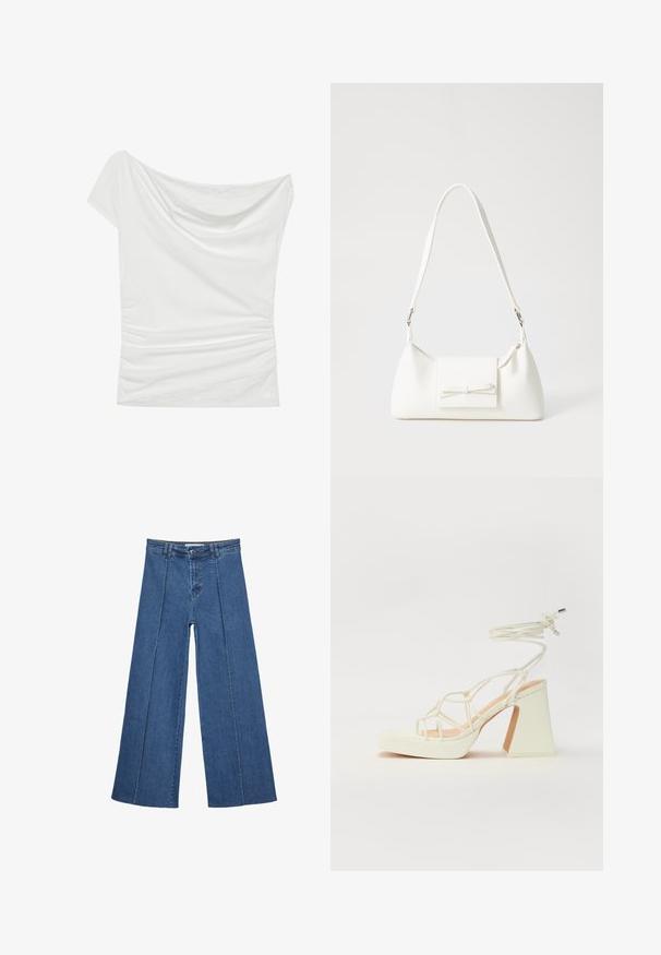 Top bianco senza spalline realizzato in tessuto morbido, con scollatura drappeggiata e dettaglio arricciato sul lato, accentuato da un pizzo texturizzato lungo l'orlo.; Jeans in denim a gamba larga di blu medio, con vita alta, chiusura con bottone e dettagli delle cuciture verticali a contrasto lungo la parte anteriore.; Sandalo bianco con tacco alto, caratterizzato da un design a cinturini e un legaccio alla caviglia. Texture liscia con una piattaforma frontale per un'altezza aggiuntiva.; Borsa sintetica bianca a forma triangolare, con patta anteriore piatta e dettaglio a fiocco, tracolla regolabile, texture liscia e design minimalista.