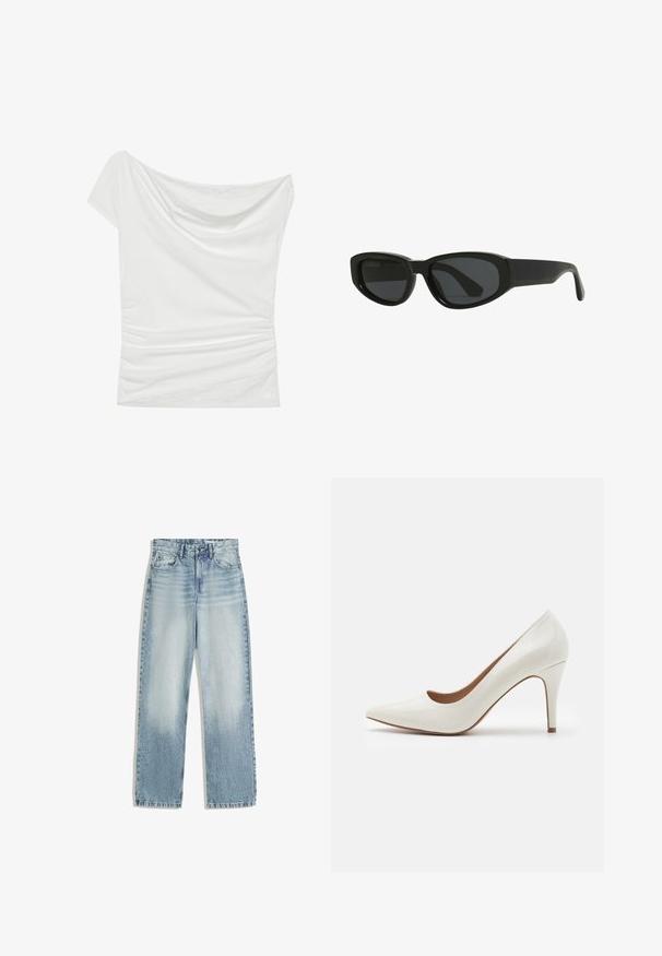 Biała bluzka bez ramiączek wykonana z miękkiego materiału, z drapowanym dekoltem i marszczonym detalem po bokach, z koronkowym akcentem o teksturze na dole.; Jasnoniebieskie dżinsy, wysoki stan, z prostymi nogawkami. Charakteryzują się klasycznym pięciopocketowym stylem i subtelnym wypłowieniem z przodu.; Białe lakierowane buty na wysokim obcasie z wysmuklonym noskiem i gładką powierzchnią, z cienkim obcasem i niskim krojem wokół otwarcia.; Czarne okulary przeciwsłoneczne o eleganckim, kanciastym kształcie. Wykonane z plastiku, z ciemnymi soczewkami i gładką, błyszczącą powierzchnią. Brak widocznych akcentów.; Trzy plastikowe spinki do włosów w pastelowych kolorach: różowym, żółtym i niebieskim, w kształcie płatków kwiatów, z mechanizmem sprężynowym i połyskującym wykończeniem.