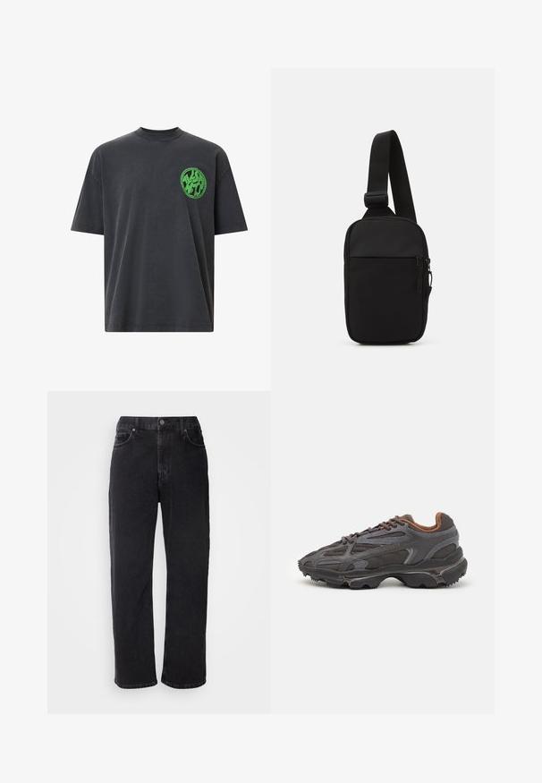Gray cotton t-shirt with short sleeves, crew neck, featuring a circular green logo on the left chest area. Smooth texture.; Black denim jeans with a straight cut, five pockets, and contrasting stitching. Features a button closure and belt loops on the waistband.; Lacoste sneakers in dark gray with mesh and synthetic material, featuring a textured sole and brown accents on the collar and branding.; Black crossbody bag made of durable fabric, featuring a single adjustable strap, a zippered main compartment, and a front pocket.