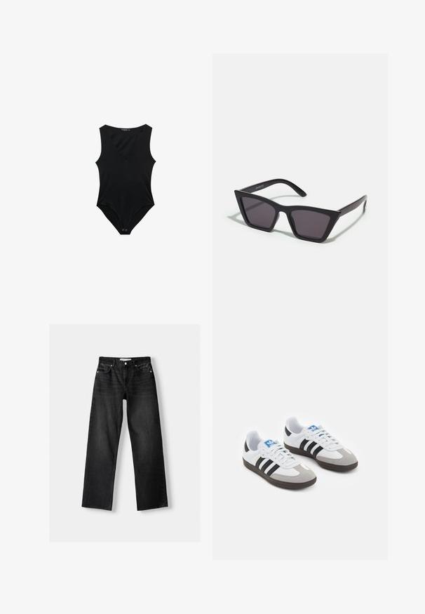 Body nero con scollatura a V profonda, design senza maniche, tessuto morbido e chiusura a scatto nella parte inferiore. Texture liscia, forma aderente.; Bershka Jeans a sigaretta - mottled dark grey; Scarpe sportive con tomaia in pelle bianca, punta in suede grigia e tre strisce nere. Presentano un logo blu sulla linguetta e una suola in gomma testurizzata.; Occhiali da sole neri e angolari con lenti grigie; realizzati in plastica, con aste spesse dalla superficie liscia e senza hardware visibile.