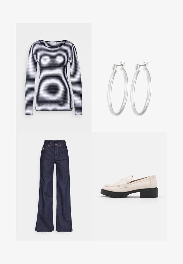 Temno modra in bela črtasta majica z dolgimi rokavi, okrogla ovratnica, mehak material, prilegajoča zasnova, enakomerne vodoravne črte in brez vidnih dodatkov ali okrasnih elementov.; Temno modri široki kavbojke iz denima z visokim pasom, ki imajo oranžne šive, pet žepov in gumba za zapiranje.; Svetlo bež usnjeni loaferji z šivanim sprednjim delom in teksturiranim črnim podplatom. Imajo ukrivljen dizajn in drobno dvigovanje.; Srebrni obroči za ušesa z gladko, polirano površino. Okrogla oblika in varna zaponka s klikom. Lahka zasnova, primerna za vsakodnevno nošenje.