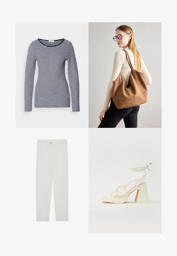Marineblå og hvite stripete langermet topp, rund hals, myk stoff, tettsittende design, jevne horisontale striper, og ingen synlige detaljer eller aksenter.; Hvite, skreddersydde bukser med rette ben, med knapplukking, beltehemper og sidelommer; glatt tekstur.; Hvit høyhælte sandal med kraftig hæl, med en stroppe-design og ankelbånd. Glatt tekstur med plattform foran for ekstra høyde.; Brun semsketotebag med myk tekstur, stor åpning og lange stropper. Har et enkelt design med synlig søm og uten maskinvare.