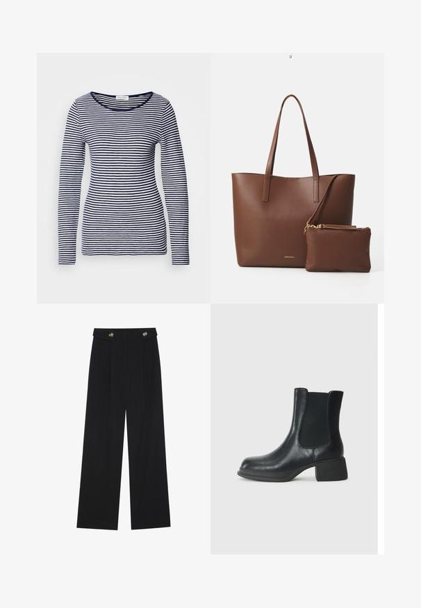 Navy and white striped long-sleeve top, round neckline, soft fabric, fitted design, even horizontal stripes, and no visible hardware or accents.; Black wide-leg trousers with high waist, button details on waistband, and front pleats.; Black leather ankle boot with elastic side panels, rounded toe, and a low block heel. The surface has a smooth texture and minimal detailing.; Brown faux leather tote bag with two long handles and a matching small pouch. The surface features a textured pattern and gold hardware accents.