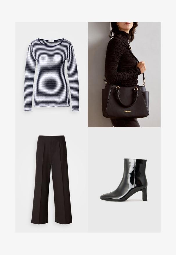 T-paita pitkillä hihoilla, merivoimien sinivalkoraidallinen, pyöreä pääntie, pehmeä kangas, istuva malli, tasaista vaaka-raakaa ja ilman näkyviä varusteita tai koristeita.; Mustat leveälahkeiset housut, joissa on tasainen etu, laskokset ja sileä kankaan rakenne. Ominaisuudet korkea vyötärö ja räätälöity leikkaus rakenteellisen istuvuuden saavuttamiseksi.; Musta patenttilakattu nilkkuri, jossa on terävä kärki ja keskipitkä lohkarekorko. Silkkinen pinta ja minimalistinen muotoilu.; Musta käsilaukku, jossa on teksturoitu pinta, kaksi yläkantta ja säädettävä olkahihna. Varustettu kultasävyisillä varusteilla ja sivutaskuilla.