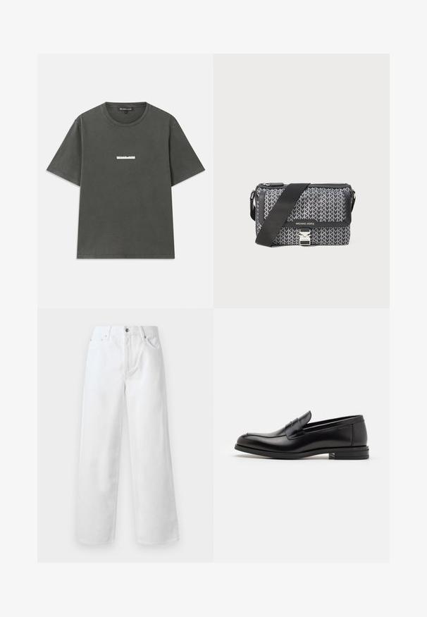 Pilkos spalvos medvilnės marškinėliai su trumpomis rankovėmis, apvalia iškirpte ir baltu logotipu, atspausdintu ant krūtinės. Lygi tekstūra su kasdieniu dizainu.; rag & bone BAGGY - Platūs džinsai - white; Juodos odinės loafers, turinčios lygų paviršių, apvalią noselę ir dekoratyvinę juostą per priekinę dalį. Žemas krentantis kulnas, minimalistinis dizainas.; Juodai ir pilkai raštuota per petį nešama rankinė su geometriniu dizainu, užtrauktuko uždarymu ir sidabro spalvos metaliniais akcentais. Pridėtas reguliuojamas diržas.