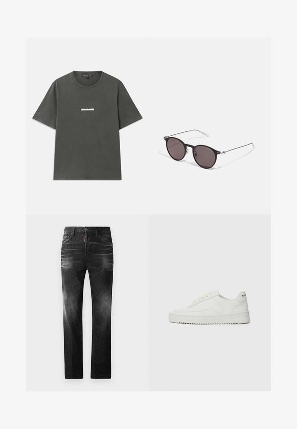 Harmaa puuvillainen t-paita, jossa on lyhyet hihat, pyöreä pääntie ja valkoinen logo painettuna rintaan. Sujuva tekstuuri ja rento muotoilu.; Mustat denimfarkut suoralla istuvuudella. Ominaisuuksiin kuuluu haalistuneita alueita, pieniä kulumia, klassinen viiden taskun malli sekä nappisulku.; Valkoinen nahkakenkä, jossa on sileä pinta, pyöreä kärki, tasaiset nauhat ja teksturoitu pohja. Sisältää huomaamattoman logon kantapäässä.; Musta pyöreä aurinkolasit tummilla linsseillä ja kapeilla metallikehyksillä. Sisältää kirkkaat temppelet ja hopeiset yksityiskohdat saranassa. Minimalistinen muotoilu.