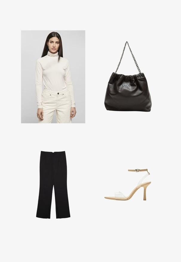 Beige Rollkragenoberteil aus glattem Stoff mit langen Ärmeln, kombiniert mit hellen Cordhosen mit Taschen und einem Knopfverschluss.; Schwarze Hose mit geradem Schnitt, ausgestattet mit Fronttaschen und Seitenschlitzen am Saum. Hergestellt aus weichem, glattem Stoff. Geeignet für verschiedene Anlässe.; Durchsichtige Sandale mit transparentem Obermaterial, beigem Fußbett und einem schlanken Knöchelriemen. Sie hat eine spitz zulaufende Zehenpartie und einen dünnen, hohen Absatz.; Braune Lederhandtasche mit gerafftem Oberteil und Kettenriemen. Glatte Textur mit glänzendem Finish und subtilen Nahtdetails an den Seiten.
