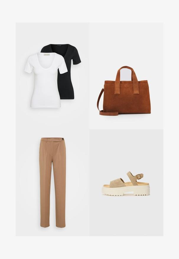 Du dužo prigludę trumpomis rankovėmis V formos iškirpės marškiniai, vienas baltas priekyje ir vienas juodas gale, eksponuojami ant paprasto šviesaus fono.; Rudos pritaikytos kelnės su tiesia kojomis, turinčios vieną mygtuką ir pūsto priekinį dizainą. Sklandus paviršius, minimalistinis stilius.; Plyninės smėlio spalvos sandalai su plačia juostele ir reguliuojamu kulkšnies sagtimi. Masyvūs balti padai su tekstūruota raštu, skirtu sukibimui.; Ruda nubuko odinė rankinė su dviem viršutiniais rankenomis ir reguliuojamu peties diržu. Pasižymi struktūrine forma ir minimalistiniu dizainu.