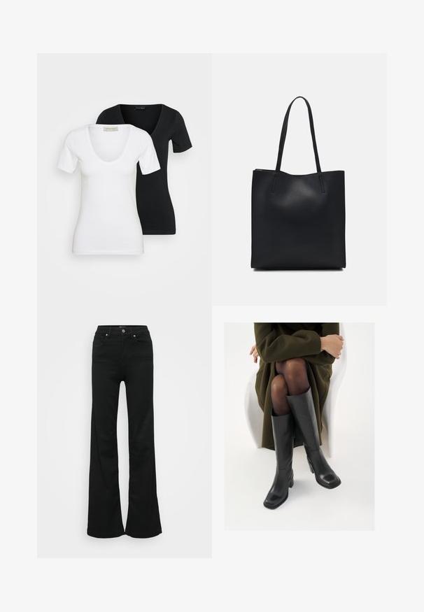 Two fitted short-sleeve V-neck T-shirts, one white in front and one black behind, displayed on a plain light background.; Black flared jeans made from denim, featuring a high waist, five pockets, and metal button closure. Smooth texture with minimal detailing.; Knee-high black leather boots with a squared toe and block heel, shown with a model seated in an olive green coat. Smooth texture, minimal detailing.; Black leather tote bag with smooth texture, rectangular shape, and two long handles. No visible hardware or embellishments.