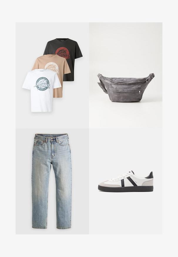 Kolm T-särki: üks valge, üks beež, üks tumehall. Igal särgil on ümmargune logo kujundus kontrastsete värvidega tekstiga ja ümar kaelus.; Heledad hele sinine teksapükste kõrge vöökoht, ees nupuga, lukuga ja viie taskuga disain, asetatud tasasele neutraalsele taustale.; Valged tossud mustade ja hallide aktsentidega, tekstureeritud halli varbakattega, musta kummitald ja lamedad valged paelad. Puhtad jooned, minimalistlik stiil.; Hallikate nahast vöö kott, millel on ümar kuju, kaks tõmblukuga taskut ning reguleeritav rihm. Varustatud metallist detailide aktsentidega.