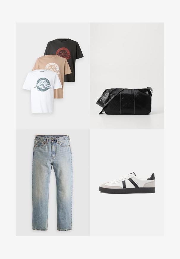 Kolm T-särki: üks valge, üks beež, üks tumehall. Igal särgil on ümmargune logo kujundus kontrastsete värvidega tekstiga ja ümar kaelus.; Heledad hele sinine teksapükste kõrge vöökoht, ees nupuga, lukuga ja viie taskuga disain, asetatud tasasele neutraalsele taustale.; Valged tossud mustade ja hallide aktsentidega, tekstureeritud halli varbakattega, musta kummitald ja lamedad valged paelad. Puhtad jooned, minimalistlik stiil.; Must mustra nahkainine õlakott, millel on tõmblukk, tekstureeritud pind, valged õmblused ja rihm hõbedaste rõngastega.