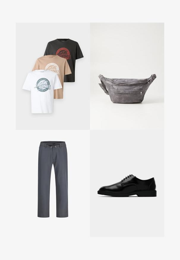 Tre T-shirts: en hvid, en beige, en mørkegrå. Hver har et rundt logo-design med tekst i kontrastfarver og en rund halsudskæring.; Grå bukser med elastisk talje og snøring. Lige ben-design, lavet af glat stof, har minimal syning og ingen synlig hardware.; Sorte læder dress sko med en glat finish, rund tå, snørebåndsdesign og diskret gummisål for godt greb.; Grå suedefanny pack med en rund form, to lynlåslommer og justerbart strop. Har metalhardware detaljer.