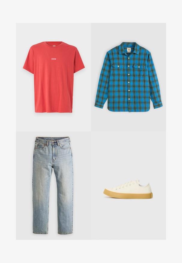 Raudona medvilninė marškinė su trumpomis rankovėmis, apvaliu iškirpimu ir mažai baltym logo "LEVI'S" siuvinėtu ant krūtinės. Švelni, lygi tekstūra.; Mėlynas languotas flanelinis marškinis su juodais ir geltonais akcentais; turi apykaklę, mygtukų uždarymą, dvi priekines kišenes ir ilgomis rankovėmis.; Šviesiai mėlynos džinsinės kelnės su aukštu liemeniu, priekyje mygtukas, užtrauktukas ir penkių kišenių dizainas, išklotos ant neutralios fono.; Oficio drobės sneakeriai baltai kreminės spalvos, su apvaliu galiuku, su smėlio spalvos guminiais padais ir penkiomis skylėmis raištams, turintys tekstūruotą viršutinę dalį.
