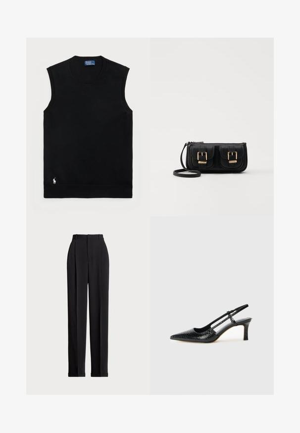 Juodas be rankovių medvilnės megztinis su apvaliu iškirpimu. Yra mažas baltas logotipas apatiniame kairiajame kampe ir gulinio audinio apdaila.; Juodos pritaikytos kelnės su aukštu liemeniu, su klostėmis priekyje, tiesaus kirpimo ir užlenktais kraštais. Pagamintos iš lygaus audinio.; Juodai lakuoti slingback aukštakulniai su smailiu nosiu, su tekstūruotu gyvatės raštu, reguliuojama juosta ir trumpu, tekstūruotu blokiniu kulnu.; Juodas odinis per petį nešiojamas krepšys su dviem priekiniais kišenėmis, auksiniais sagtimis, užtrauktuko uždarymu ir siauromis petnešomis. Textūruota paviršius ir kompaktiškas stačiakampis formatas.
