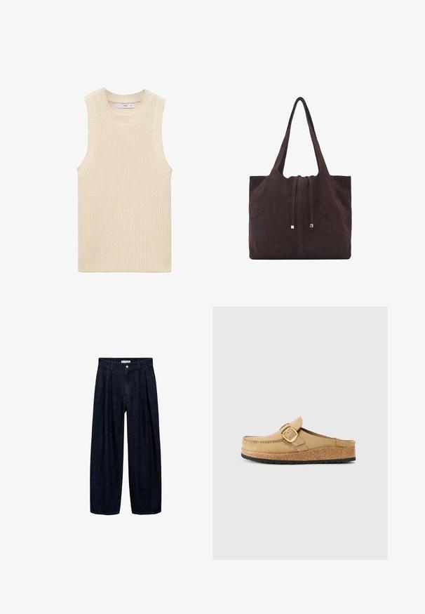 Pletený top bez rukávov v slonovinovej farbe, so rebrovanou textúrou, širokým výstrihom a čistým, minimalistickým dizajnom bez viditeľných zapínaní.; Tmavé džínsy s širokými nohavicami a pregibmi v páse, s predným gombíkom a pútkami na opasok. Hladká textúra a celodlhý strih.; Bežové dreváky so širokým remienkom a zlatou prackou, vyrobené z mäkkého materiálu, s korkovou medzipodrážkou a textúrovanou čiernou gumovou podrážkou.; Mango Veľká kabelka - dark brown