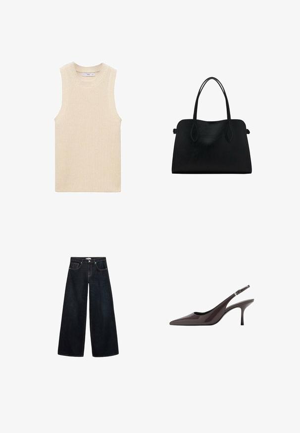 Knit sleeveless top in ivory, featuring a ribbed texture, wide neckline, and clean, minimalist design with no visible fastenings.; Wide-leg dark denim jeans with a high waist, featuring contrasting stitching, front pockets, and a minimalistic design.; Pointed toe slingback heels in dark brown patent leather, featuring a slender high heel and an adjustable ankle strap with a buckle.; Black leather handbag with dual shoulder straps, rectangular shape, and minimalistic design on a white background.