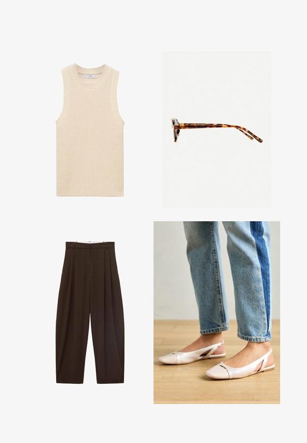 Wykonana z włóczki bezrękawnik w kolorze kości słoniowej, z textured rib knit, szerokim dekoltem i czystym, minimalistycznym designem bez widocznych zapięć.; Brązowe spodnie z wysokim stanem z zakładkami, wykonane z gładkiego materiału. Luźny krój, prosta nogawka, z różkami na pasek i suwakiem.; Jasnoróżowe baleriny na odkrytej pięcie z wąskim noskiem, wykonane z gładkiego materiału imitującego skórę. Posiadają wycięcia po bokach oraz płaski obcas.; Okulary przeciwsłoneczne w kratkę w grubej oprawie, lekko zakrzywionymi zausznikami i gładką teksturą. Charakteryzują się klasycznym wzornictwem i błyszczącym wykończeniem.