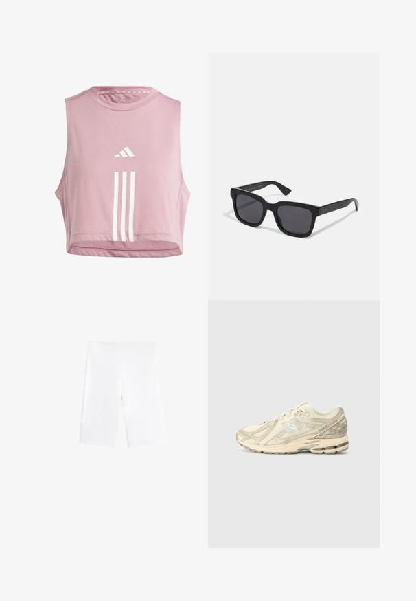 adidas Performance TRAIN ESSENTIALS TRAIN 3-STRIPES - Top - orchid/white; White bike shorts made of stretchy fabric, featuring an elastic waistband and a smooth, seamless design. Mid-thigh length.; Beige athletic sneaker with mesh upper, minimal accents, textured sole, and a subtle 'N' logo on the side. Lightweight design for comfort.; Gucci Sunglasses - black/smoke; Cotton tote bag in natural cream color featuring a blue ice cream cone graphic with melting details and the text “ICE CREAM PLEASE” below.
