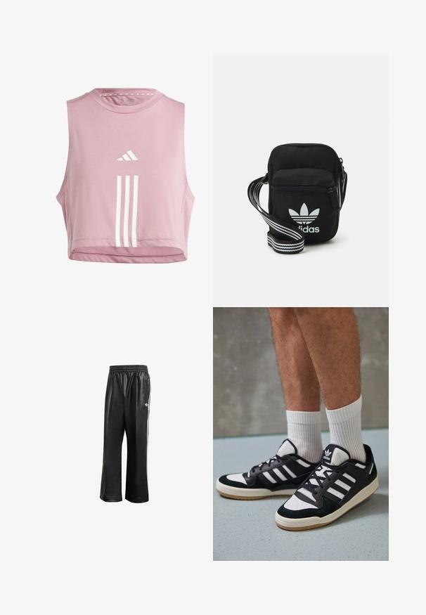 adidas Performance TRAIN ESSENTIALS TRAIN 3-STRIPES - Top - orchid/white; Black synthetic track pants with an elastic waistband, featuring white side stripes and a small white logo on the left hip.; Black and white sneakers with a suede and leather upper, featuring three white stripes, a perforated toe, and a gum rubber sole.; Black fabric crossbody bag with a zipper closure, featuring a white Adidas logo and a striped adjustable strap for easy carrying.