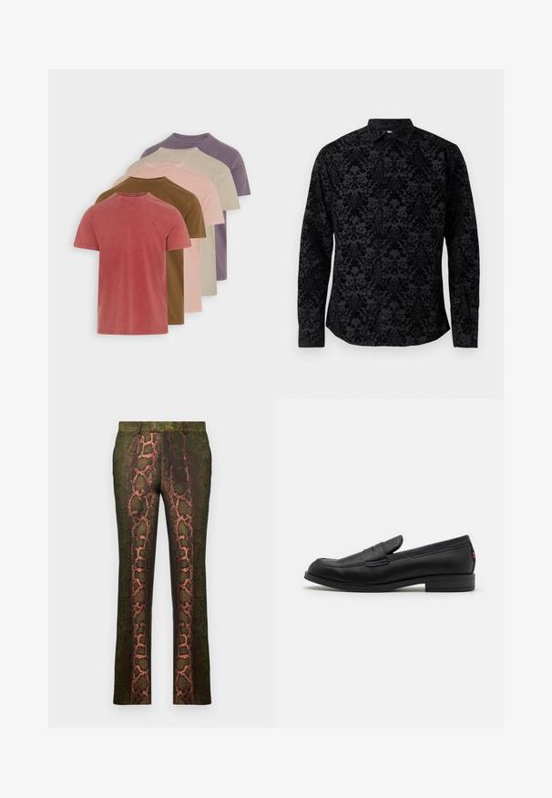 Sada pěti triček s krátkým rukávem vyrobených z bavlny v různých tlumených barvách: červené, hnědé, růžové, béžové a fialové. Každé tričko má kulatý výstřih.; Černá košile s dlouhým rukávem, zdobená strukturovaným damaskovým vzorem, klasickým límečkem a knoflíkovým zapínáním, vyrobená z měkké tkaniny s hladkým povrchem.; Zelené kalhoty s potiskem hada v odstínech hnědé a oranžové, rovného střihu a hladké textury.; Černé kožené mokasíny s hladkým povrchem, kulatou špičkou a malým dekorativním klopou. Mají nízký stočený podpatek a decentní branding.