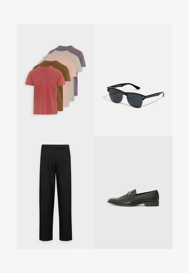 Conjunto de cinco camisetas de algodón de manga corta en diversos colores apagados: rojo, marrón, rosa, beige y púrpura. Cada una presenta un cuello redondo.; Pantalones negros de tela suave, con un diseño de pierna recta, dos pliegues frontales y una cintura estándar con trabillas para el cinturón.; Mocasín de cuero negro con un acabado suave, que cuenta con un diseño de costura y un acento decorativo de cadena de metal en el empeine. Tacón plano.; Gafas de sol negras con forma rectangular, lentes oscuros, detalles plateados en las patillas y un acabado mate en la montura.
