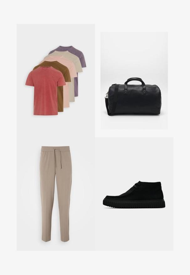 Penkių trumpomis rankovėmis medvilninių marškinėlių komplektas, įvairių sodrių spalvų: raudonos, rudos, rožinės, smėlinės ir violetinės. Kiekvienas turi apykaklę su apvaliu iškirpimu.; Šviesiai beigės kelnės su elastiniu juosmeniu, reguliuojama raišteliu ir siaurėjantys kojomis. Audinys atrodo lygus su švelniu blizgesiu.; Juodi čiurniniai batai, pagaminti iš minkštos medžiagos, su apvalia nosimi, minimaliais raišteliais ir tekstūruotu guminio pado, turinčiu vertikalių griovelių.; Juodas sportinis krepšys, pagamintas iš tekstūruotos sintetinės medžiagos. Yra du rankenoms ir reguliuojama petneša. Paprastas dizainas be matomų raštų.