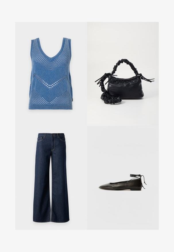 Blå strikket tanktop med dyp V-hals, chevronmønster og åpen mesh-design. Kantene har en solid strikket finish.; Vide benbukser i mørkeblå denim. Har kontrastsøm, fem lommer og en knaplukning i taljen. Glat tekstur.; Svarte lær balletflater med spiss tå, ankelbånd og flat såle, som har en glatt tekstur og minimalistisk design.; Svart faux skinn-håndveske med krokodilletekstur, strammet topp og en rynket stropp. Ser myk og kompakt ut i designen.
