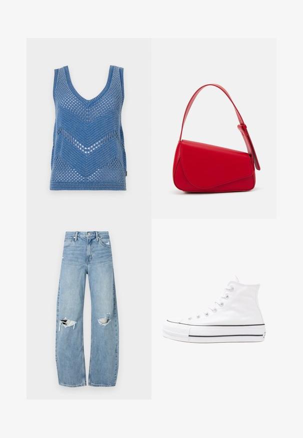 Sininen neulepusero, jossa on syvä V-kaula-aukko, viiru- ja avoin verkko-design. Reunoissa on kiinteä neuleviimeistely.; Vaaleansiniset, korkeavyötäröiset farkut, jotka on valmistettu denimmateriaalista. Ominaisuuksiin kuuluvat leveät lahkeet, kaksi revittyä polvialuetta ja klassinen viiden taskun tyyli.; Valkoiset korkeavartiset kangaskengät mustalla kumipohjalla, edessä kuminen varvasosa ja kuusi nauha-aukkoa, puhtaan minimalistisella muotoilulla.; Punainen nahkalaukku, jossa on kulmikas, geometrinen muotoilu. Varustettu yhdellä säädettävällä hihnalla ja läpällä, jossa on ommeltu yksityiskohtia.