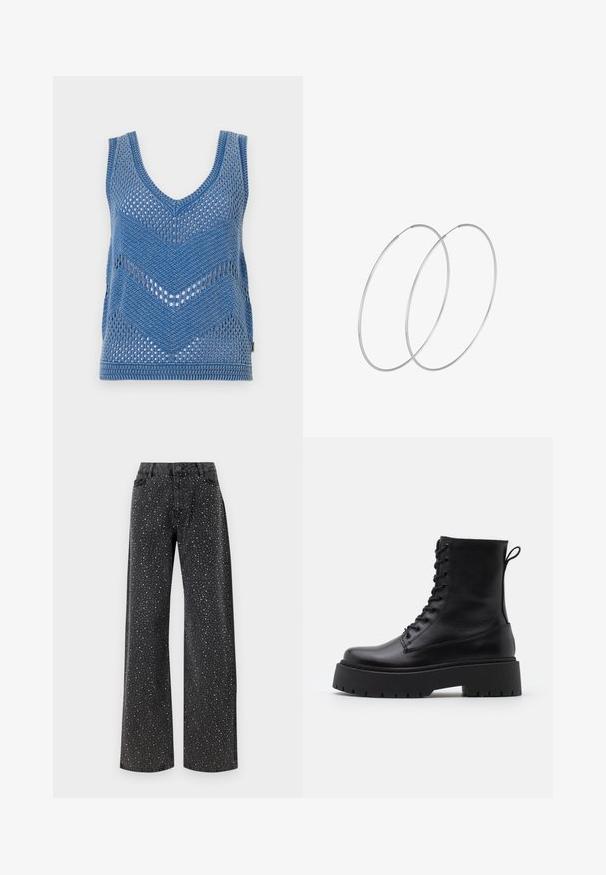 Blå stickad ärmlös topp med djup V-hals, zigzagmönster och öppen meshddesign. Kanterna har en solid stickad finish.; Noisy May NMJANNEL LOOSE - Jeans relaxed fit - black denim; Svarta läderankelboots med rund tå, snörning framtill och en tjock gummisula med strukturerat mönster. Dragflik bak.; Silverfärgade hoopörhängen med en minimalistisk design. Cirkulär form, slät yta och tunn profil. Lätta med en polerad finish.