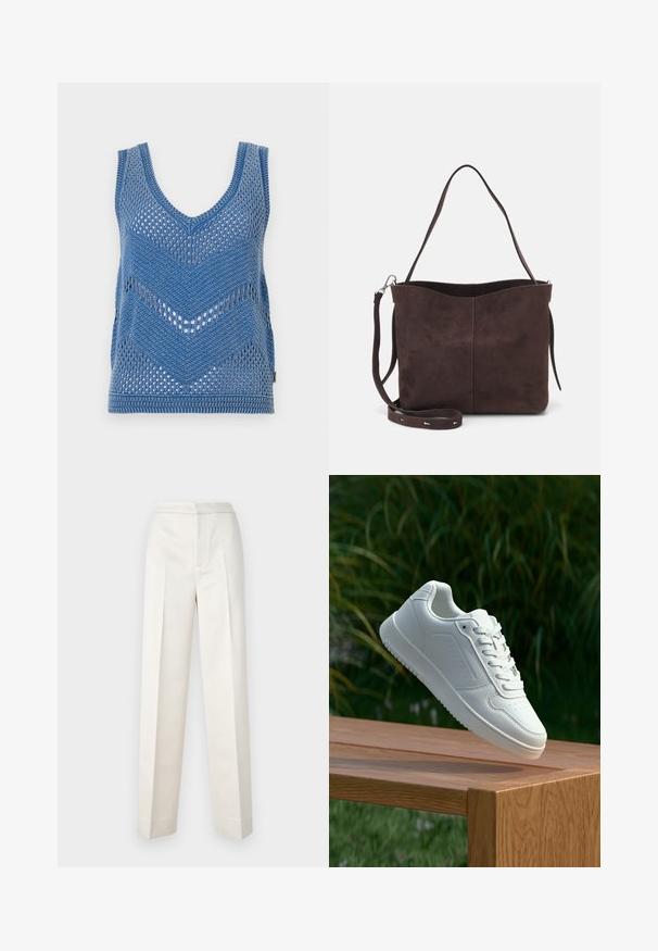 Blue knitted tank top featuring a deep V-neck, chevron pattern, and open mesh design. Edges have a solid knit finish.; Cream-colored trousers with a tailored fit, featuring a straight leg, smooth fabric, front pleats, and clean hem. Minimalist design.; White sneaker with a smooth synthetic upper, perforated toe box, flat laces, and a textured sole, displayed on a wooden surface.; Brown suede tote bag with a soft texture, featuring a single shoulder strap and a subtle curved top opening. No visible hardware details.