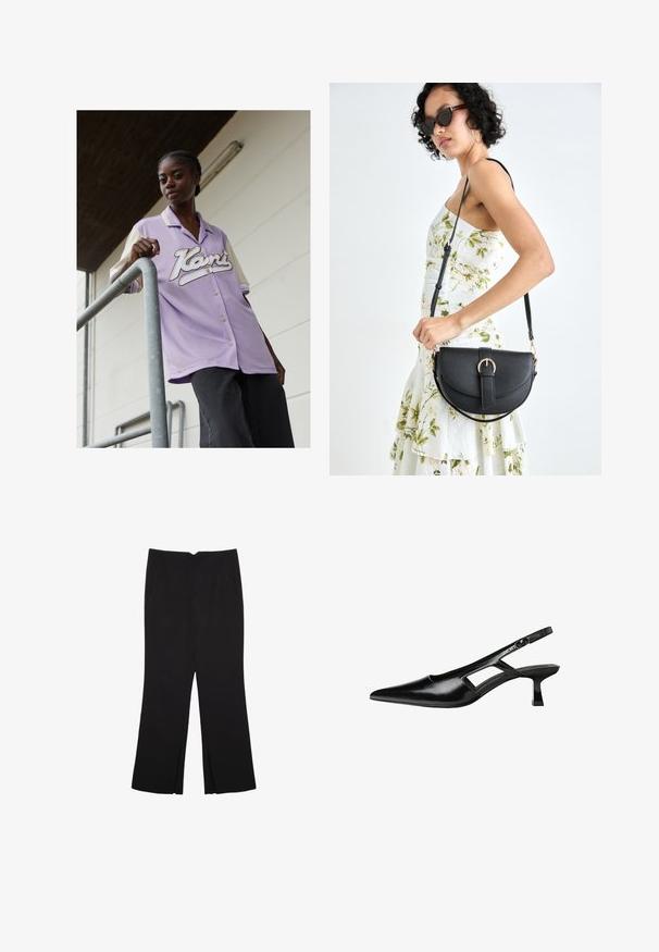 Liliowa koszulka z krótkim rękawem z kremowym kołnierzykiem, z dużym białym logo w kursywie z przodu. Model stoi przy metalowej balustradzie.; Czarne spodnie o prostym kroju, z przednimi kieszeniami i bocznymi rozcięciami na dole. Wykonane z miękkiego, gładkiego materiału. Odpowiednie na różne okazje.; Czarne lakierowane czółenka na odkrytej pięcie z wąskim noskiem, z wykrojem po bokach i małym kwadratowym obcasem. Gładka faktura z minimalnymi akcentami.; Czarna skórzana torebka o zakrzywionym kształcie, z odpinanym paskiem i złotymi akcentami. Torebka posiada klapę z zapięciem w kształcie klamry.