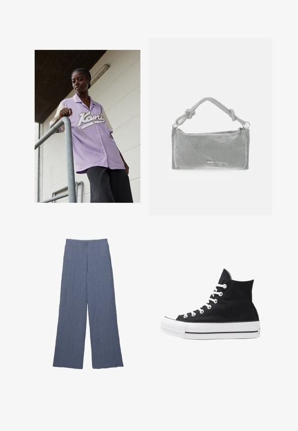 Lilla kortærmet skjorte med en cremefarvet krave, der har et stort hvidt kursiv logo på forsiden. Modellen står mod et metalrækværk.; Blå teksturerede brede bukser med ribbet design, der har en høj talje og en løs pasform, velegnede til afslappet brug.; Højtop sort lærredssko med hvide øjetter, snørebånd og gummisål. Har en tekstureret tåhætte og sorte og hvide stribe-accenter.; Sølvnettet håndtaske med en knyttet håndtag, rektangulær form, struktureret overflade og lynlåsclosing. Enkel, moderne design med minimale accenter.