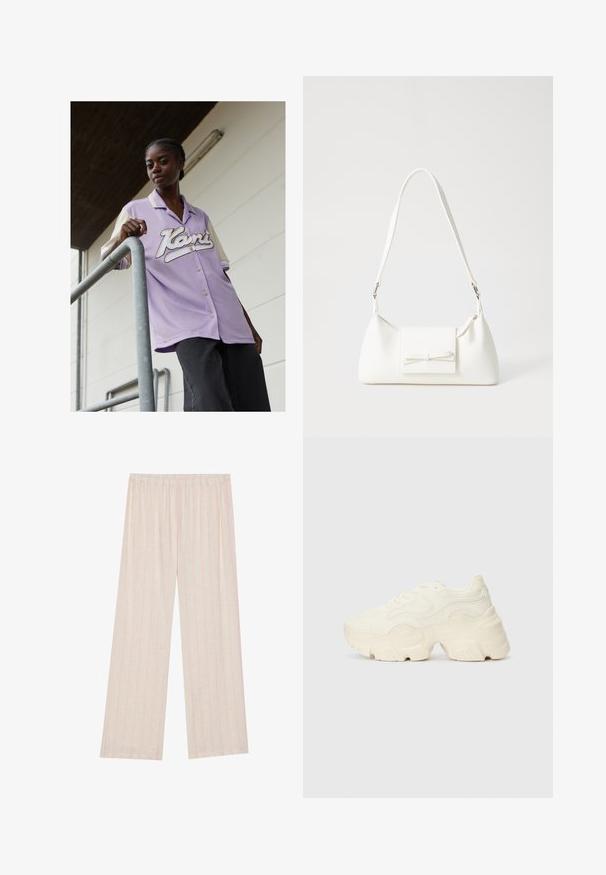 Fialová košeľa s krátkym rukávom a krémovým golierom, s veľkým bielym písaným logom na prednej strane. Model stojí pri kovovom zábradlí.; Ľahké, svetlé látkové nohavice s vertikálnymi ružovými pruhmi, širokým strihom a elastickým pásom pre pohodlie.; Masívne biele tenisky vyrobené z texturovanej sieťoviny a syntetických materiálov, s hrubou podošvou a zložitými vzorovými detailmi na bokoch.; Biela syntetická kabelka s trojuholníkovým tvarom, plochým predným klapkou a detailom mašle, nastaviteľným popruhom, hladkou textúrou a minimalistickým dizajnom.