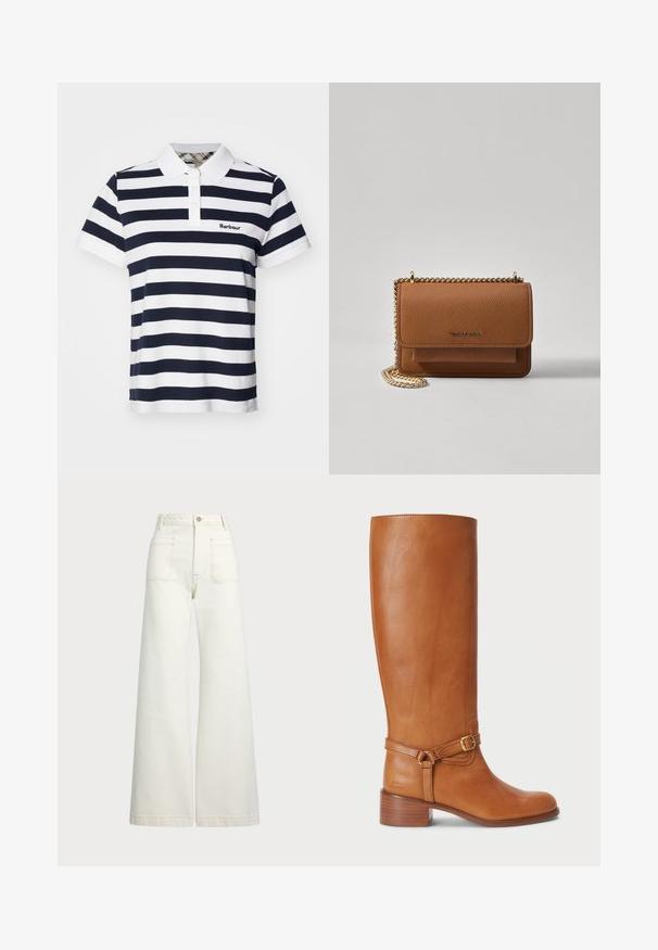 Camisa polo riscada em azul-marinho e branco, com colarinho, apresentando dois botões e um pequeno logótipo bordado no lado esquerdo do peito.; Jeans de perna larga em denim off-white. Design de cintura alta com fecho de botão, dois bolsos frontais e detalhes de costura em contraste.; Botas altas de couro castanho com um acabamento suave, apresentando uma fivela lateral e um salto empilhado. A parte superior possui um design limpo e sem adornos.; Bolsa crossbody de couro texturizado castanho com alça de corrente dourada e fecho com aba. A parte da frente apresenta detalhe do logótipo e um bolso sob a aba.