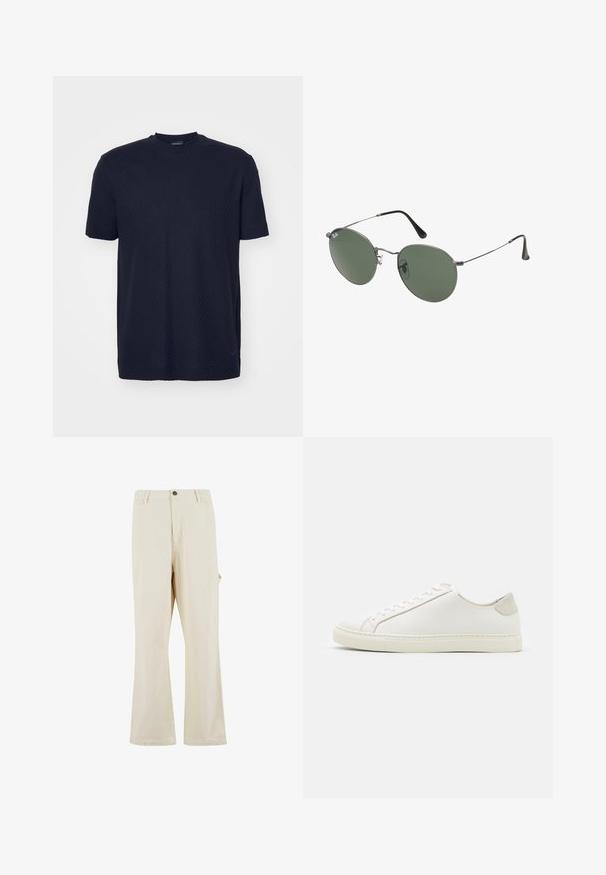 Tamsiai mėlynas trumpų rankovių marškinėliai iš tekstūruotos medžiagos su apvaliu kaklu ir subtiliomis raštų detalėmis, su mažu logotipo akcentu.; Kreminės plačios kelnės, pagamintos iš medvilnės mišinio su mygtuko užtrauktuku. Turi šonines kišenes ir subtilią tekstūrą. Matoma siūlių detalizacija.; Baltos odinės sportinės avalynės, lygiu paviršiumi, apvaliu nosiu ir minimalistiniu dizainu. Su smėlio spalvos akcentais ant kulno ir guminis padas.; Metaliniai akiniai su ovaliais žaliais lęšiais. Plonas sidabro spalvos metalinis rėmas ir juodi ausų laikikliai. Minimalistinis dizainas, be matomų logotipų.