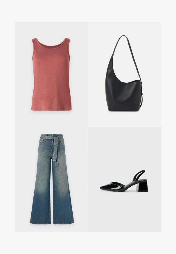 Rød bomulds tanktop med rund hals og brede stropper, der har en glat tekstur og en tætsiddende silhuet. Ingen mønstre eller udsmykninger.; Bredbens-denimbukser med en lys til mørk blå gradient, høj talje, bælteløkker og et matchende stofbælte. Tekstureret denimfinish.; Sorte patentlæder slingback hæle med spids tå og en geometrisk blok hæl. Har et elegant, minimalistisk design og en glat tekstur.; Sort læder hobo taske med en glat overflade, buet form og en enkelt justerbar rem; har en bred åbning øverst.