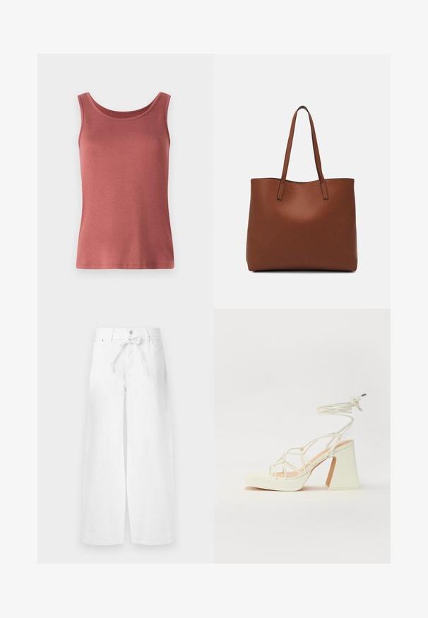 Rotes Baumwoll-Trägershirt mit Rundhalsausschnitt und breiten Trägern, das über eine glatte Textur und eine taillierte Silhouette verfügt. Keine Muster oder Verzierungen.; Weiße weit geschnittene Baumwollhosen mit einem Kordelzugbund, einem einzelnen Knopfverschluss und Fronttaschen. Glatte Textur, ohne Muster.; Weiße High-Heel-Sandale mit einem klobigen Absatz, die über ein Riemchendesign und ein Knöchelband verfügt. Glatte Textur mit einer Plattform vorne für zusätzliche Höhe.; Braune Leder-Tote mit glatter Textur, offenem Oberteil und zwei Schulterriemen. Verfügt über minimale Nähte und keine sichtbaren Beschläge.