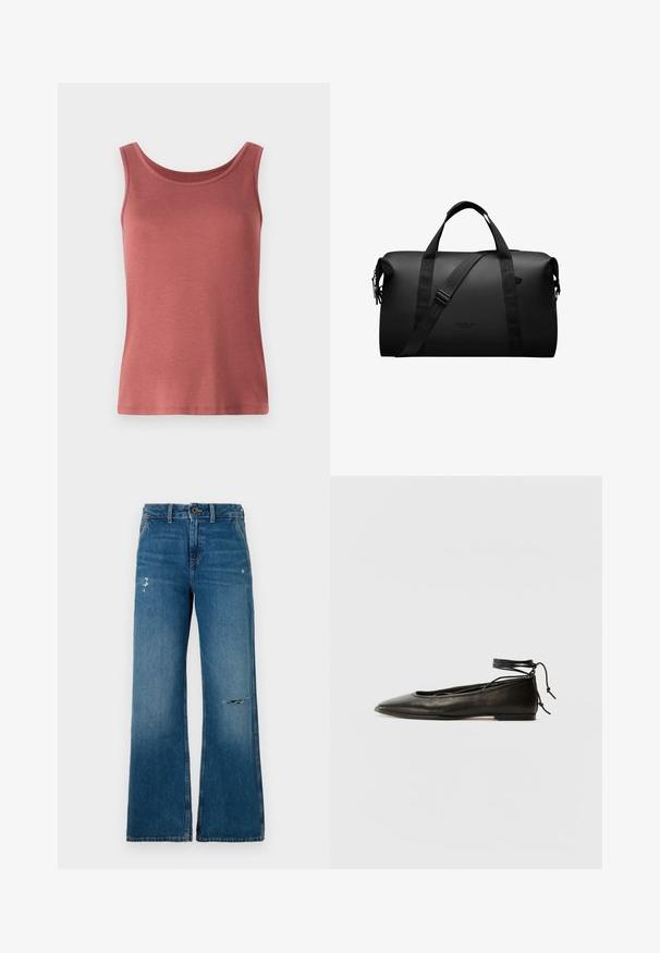 Rotes Baumwoll-Trägershirt mit Rundhalsausschnitt und breiten Trägern, das über eine glatte Textur und eine taillierte Silhouette verfügt. Keine Muster oder Verzierungen.; Helle blue Jeans im weit geschnittenen Stil mit einer ausgeblasenen Textur, die zwei abgedroschene Stellen auf der Vorderseite aufweisen, einen Knopfverschluss und ein Fünf-Taschen-Design haben.; Schwarze Leder-Ballerinas mit spitzem Zehenbereich, Knöchelband und flacher Sohle, die eine glatte Textur und ein minimalistisches Design aufweisen.; Schwarze Reisetasche aus strapazierfähigem Material; verfügt über zwei Griffe und einen verstellbaren Schultergurt; minimalistisches Design mit Logodetail.
