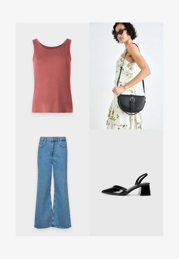 Raudonas medvilnės topas be rankovių su apvalia iškirpte ir platesnėmis petnešėlėmis, pasižymintis lygiu paviršiumi ir prigludusia siluetu. Be raštų ar puošmenų.; Šviesiai mėlynos flared džinsai, pagaminti iš džinsinio audinio, su aukštu liemeniu, penkiomis kišenėmis ir vienu mygtuko užsegimu. Minkštas paviršius su išblukusiu efektu.; Juodos lakuotos odinės šlepetės su smailiu pirštu ir geometriniu bloko kulnu. Turi elegantišką, minimalistinį dizainą ir lygų paviršių.; Juodas odinis krepšys su išlenkta forma, nuimamu dirželiu ir auksiniais detalėmis. Krepšys turi kilpą su sagtimi.