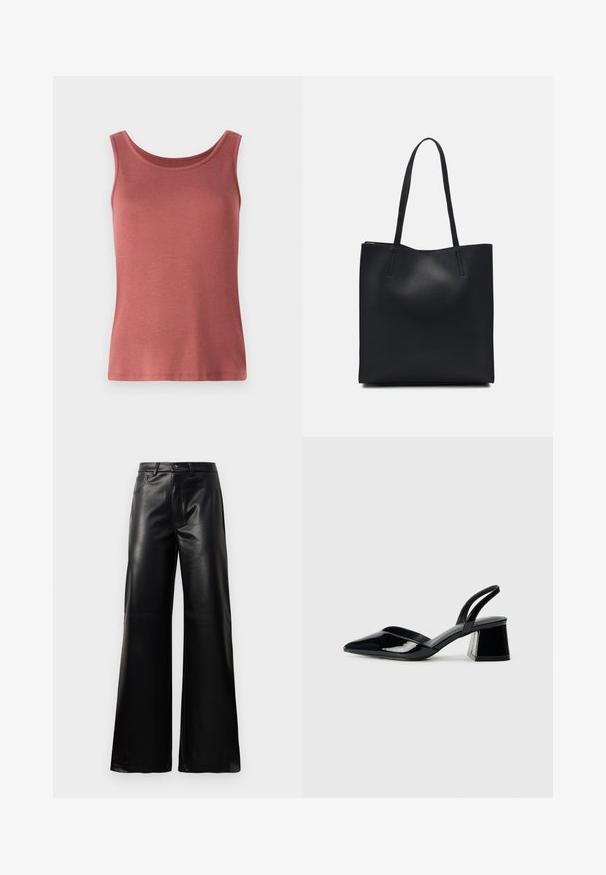 Camisola sem mangas de algodão vermelho com decote arredondado e alças largas, apresentando uma textura suave e um silhueta ajustada. Sem padrões ou adornos.; Calças largas de imitação de couro pretas, de cintura alta, com botão frontal, fecho de correr, passadores de cinto e bolsos laterais sobre fundo branco.; Sandy em verniz preto com salto slingback, ponta afilada e salto geométrico. Apresenta um design elegante e minimalista com textura suave.; Bolsa tote preta em couro com textura lisa, forma retangular e duas alças longas. Sem hardware ou enfeites visíveis.