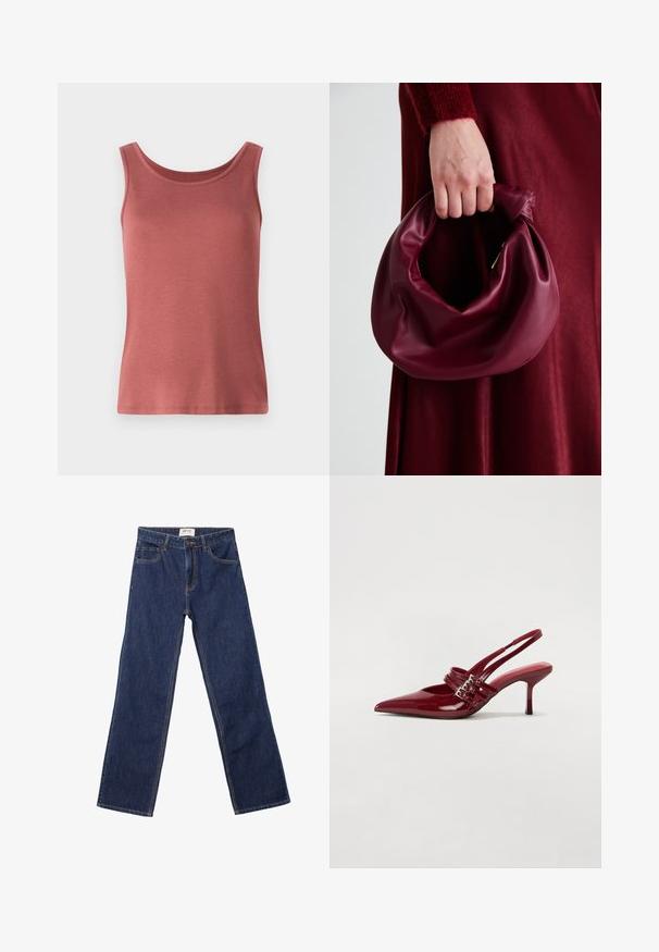 Crvena pamučna majica bez rukava s okruglim izrezom i širokim trakama, s glatkom teksturom i prilagođenim siluetom. Bez uzoraka ili ukrasa.; Tamno plave traperice ravnog kroja sa prednjim džepovima, petljama za pojas i kopčanjem na dugme.; Crvene patent kožne sandale s upetačom, oštrim vrhom, dva remena s kopčama i tankim, srednje visokim štiklama. Glatka tekstura.; Bordo kožni ruksač s mekim, naboranim dizajnom i zaobljenim oblikom. Ručka je sigurno pričvršćena, pokazujući glatku teksturu.