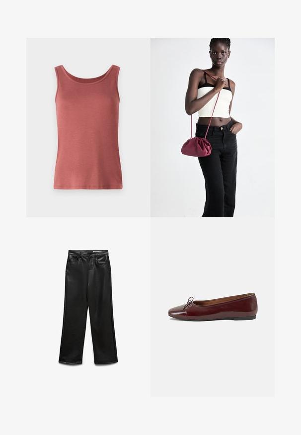Red cotton tank top with a scoop neck and wide straps, featuring a smooth texture and a fitted silhouette. No patterns or embellishments.; Black faux leather wide-leg pants with front pockets, belt loops, and subtle sheen. Smooth texture and tailored fit.; Burgundy patent leather ballet flat with a rounded toe, small bow accent at the front, and a low, black rubber sole. Smooth texture.; Burgundy soft fabric handbag with a gathered design and a long strap, worn crossbody. Model wears a white crop top and black jeans.